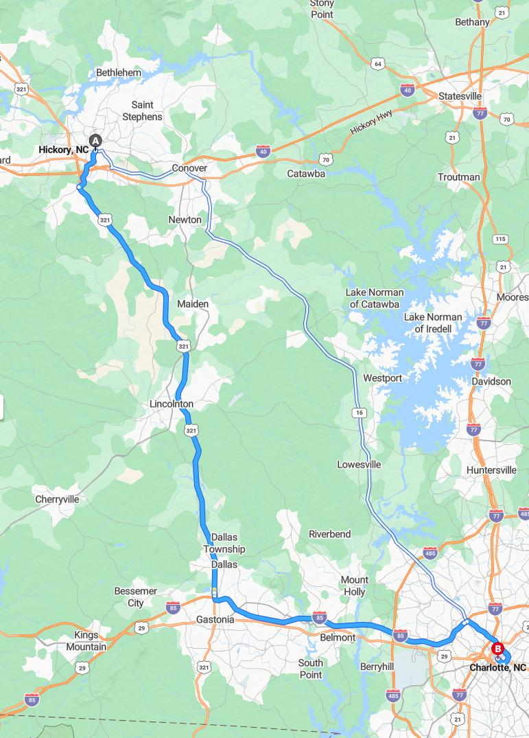 driving from Hickory, North Carolina to CharlotteNorth Carolina - map and route