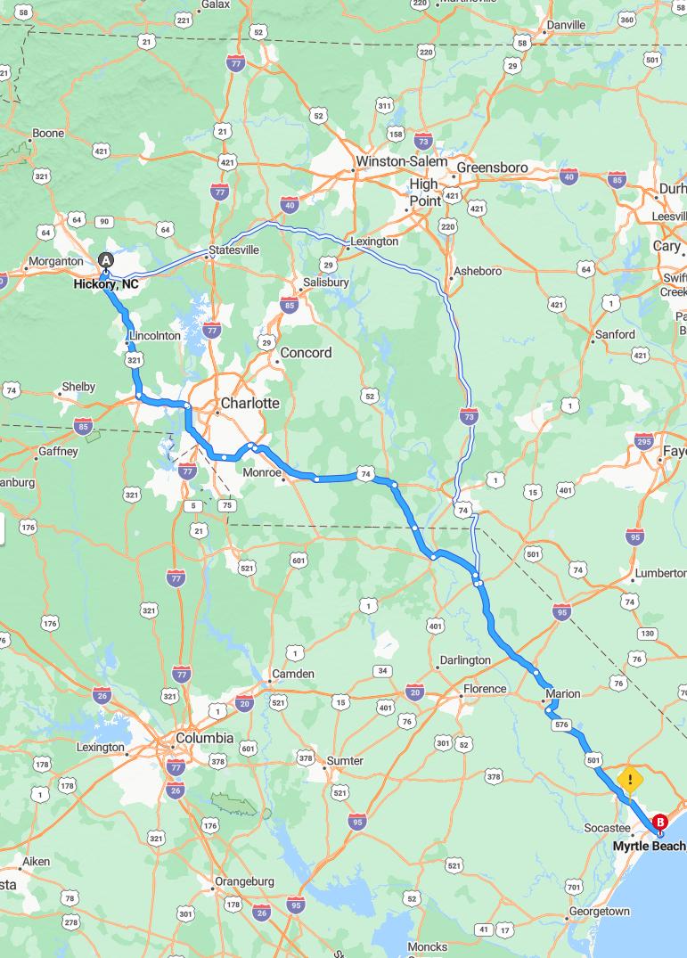 driving from Hickory, North Carolina to Myrtle BeachSouth Carolina - map and route