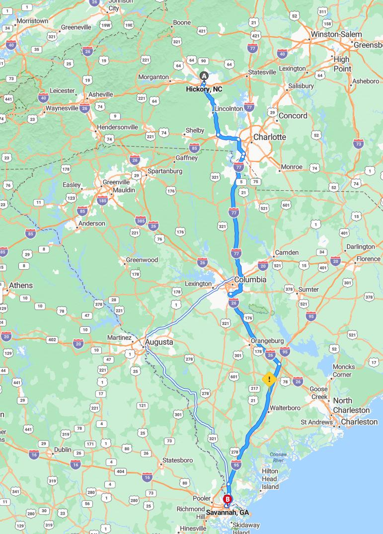 driving from Hickory, North Carolina to SavannahGeorgia - map and route
