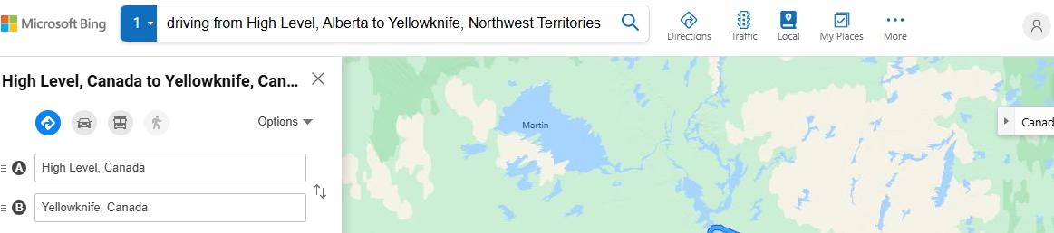 driving from High Level, Alberta to YellowknifeNorthwest Territories - map and route
