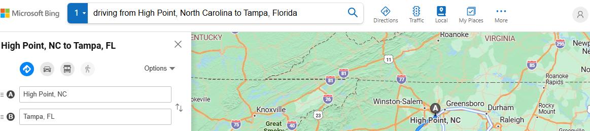 driving from High Point, North Carolina to TampaFlorida - map and route