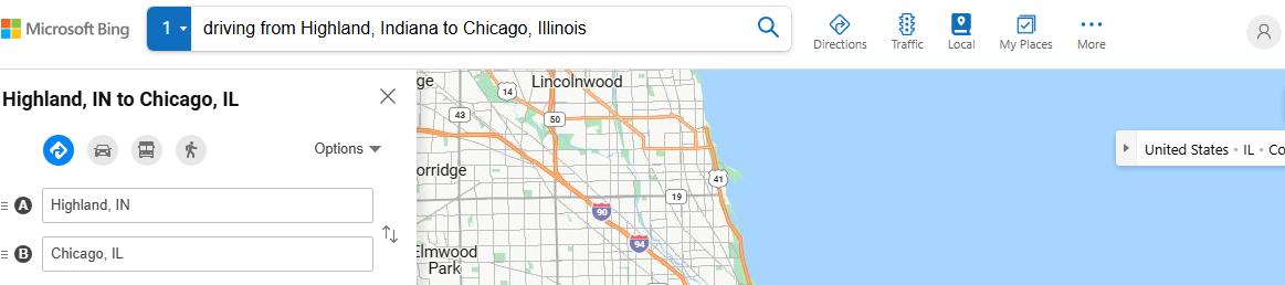 driving from Highland, Indiana to ChicagoIllinois - map and route