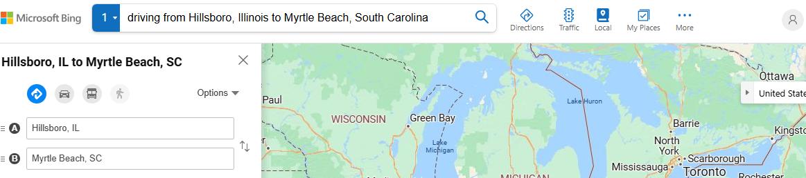 driving from Hillsboro, Illinois to Myrtle BeachSouth Carolina - map and route