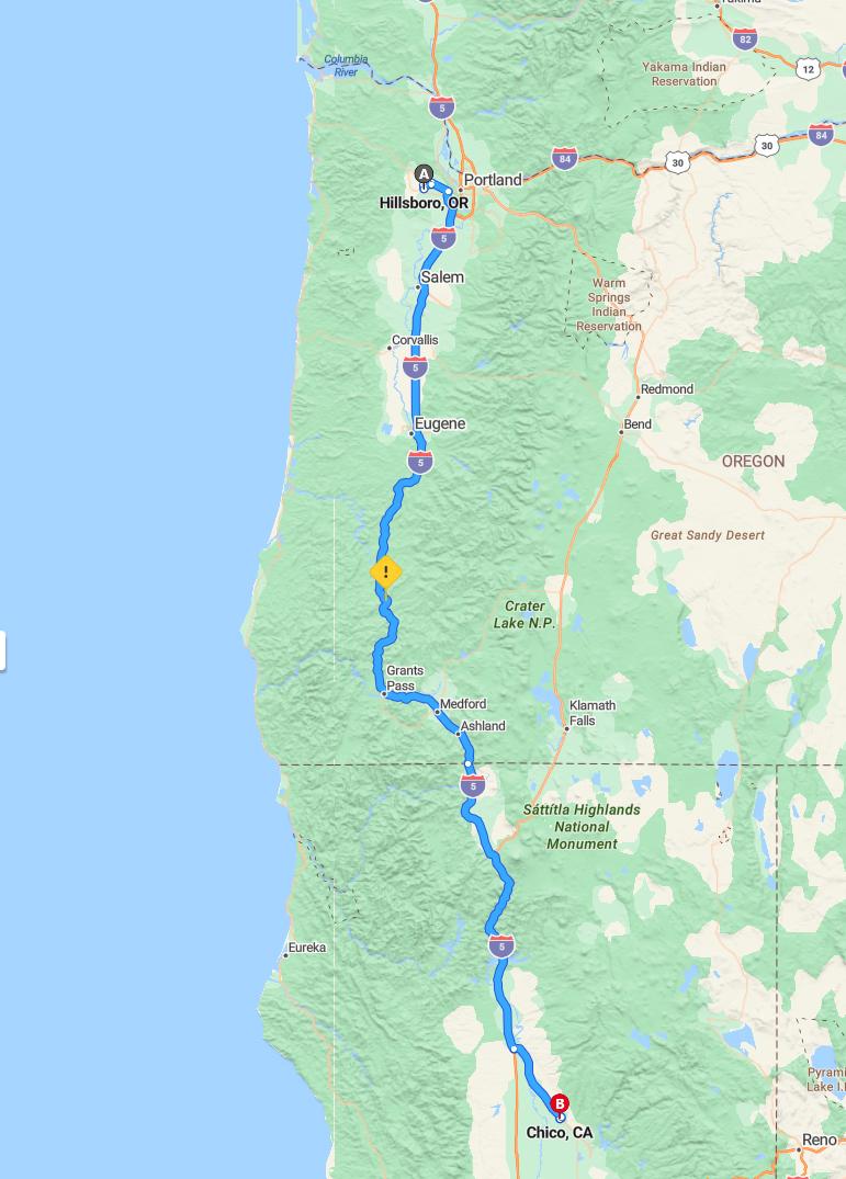 driving from Hillsboro, Oregon to ChicoCalifornia - map and route