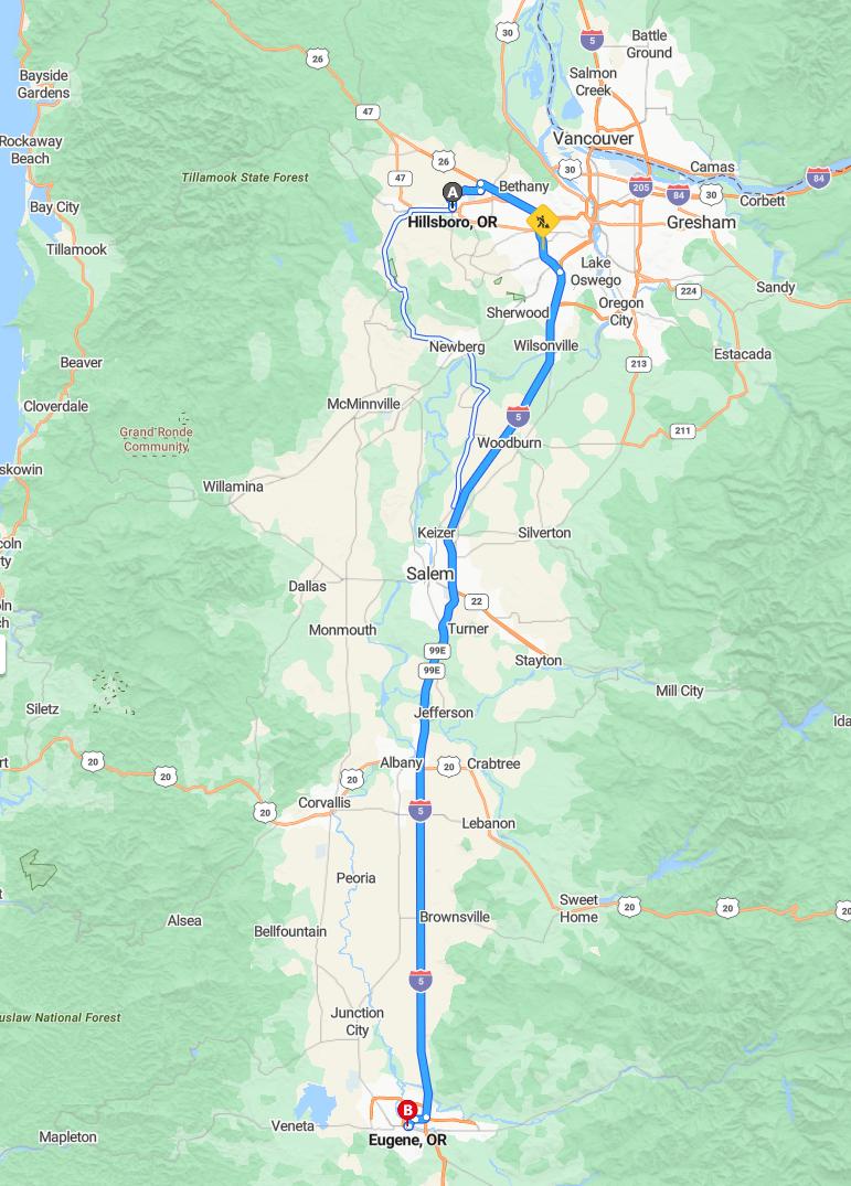 driving from Hillsboro, Oregon to EugeneOregon - map and route