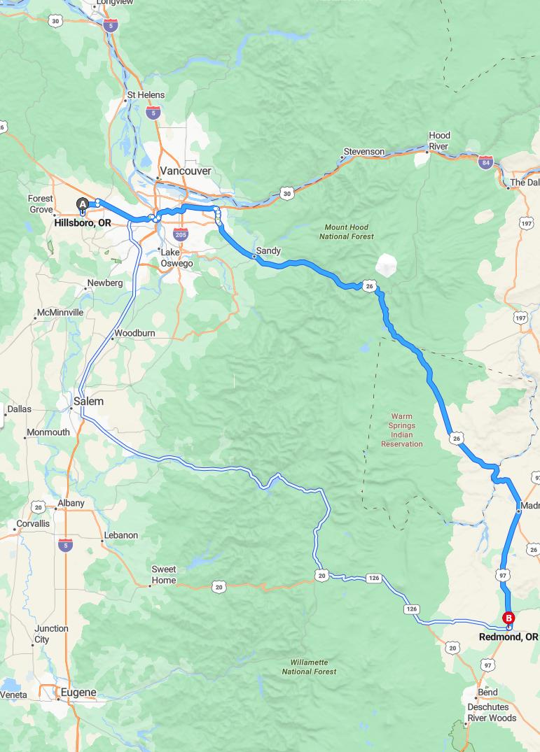 driving from Hillsboro, Oregon to RedmondOregon - map and route