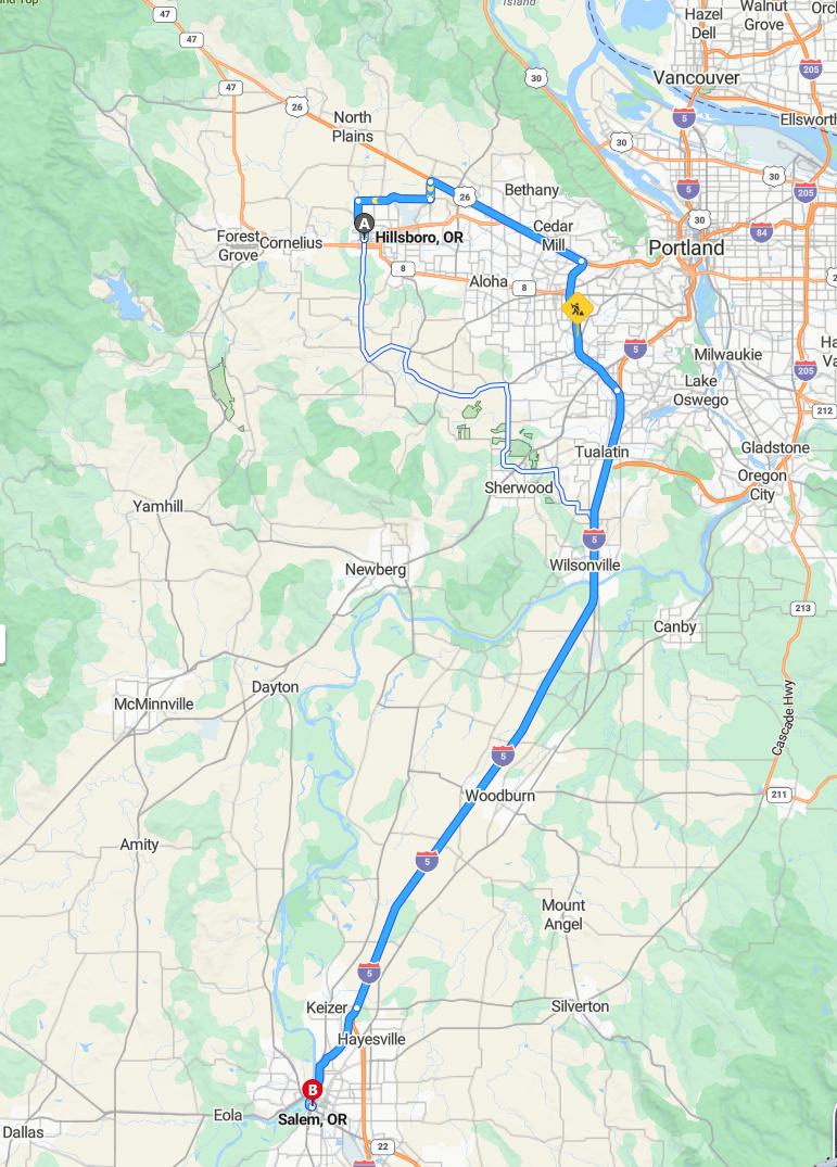 driving from Hillsboro, Oregon to SalemOregon - map and route