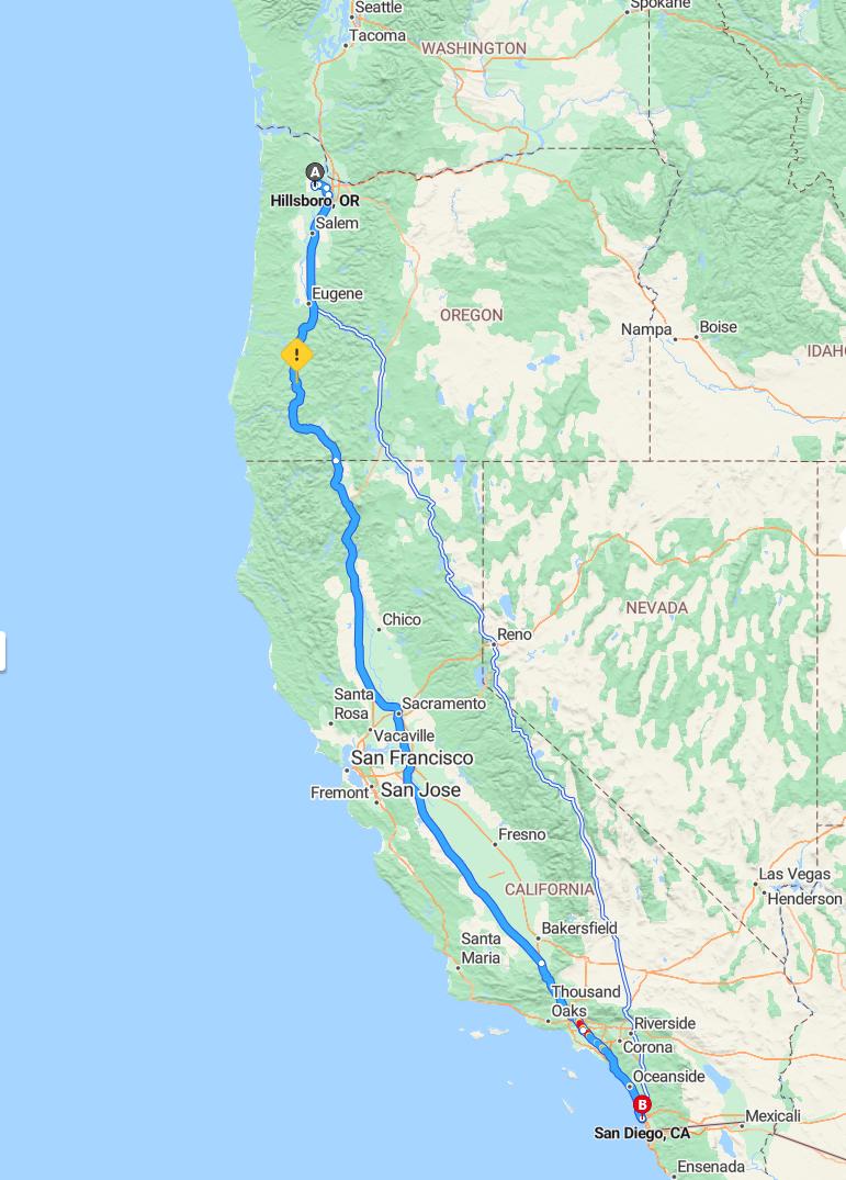 driving from Hillsboro, Oregon to San DiegoCalifornia - map and route