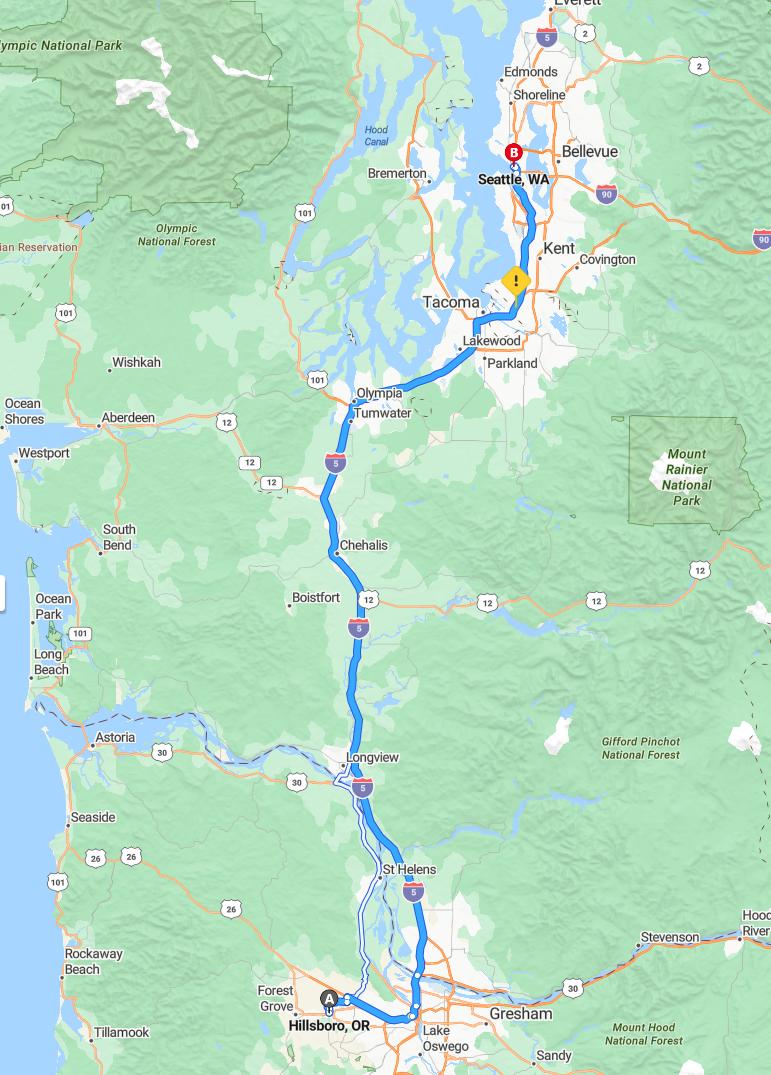 driving from Hillsboro, Oregon to SeattleWashington - map and route