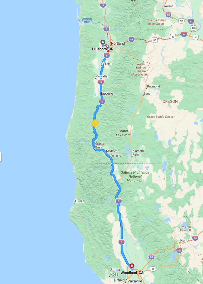 driving from Hillsboro, Oregon to WoodlandCalifornia - map and route