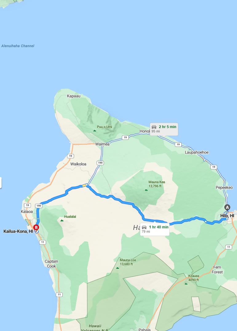 driving from Hilo, Hawaii to KonaHawaii - map and route