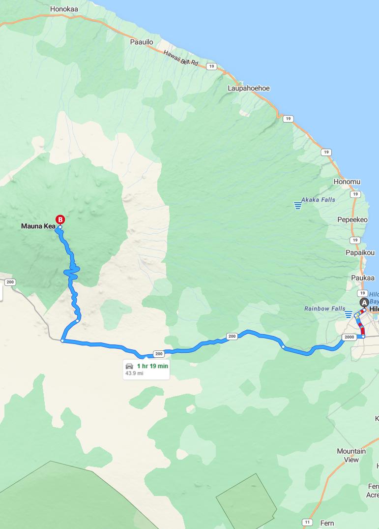 driving from Hilo, Hawaii to Mauna KeaHawaii - map and route