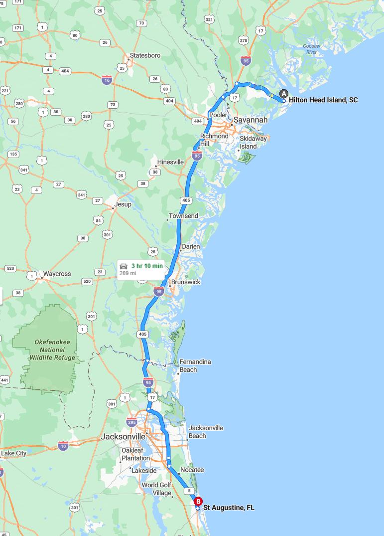driving from Hilton Head Island, South Carolina to St. AugustineFlorida - map and route