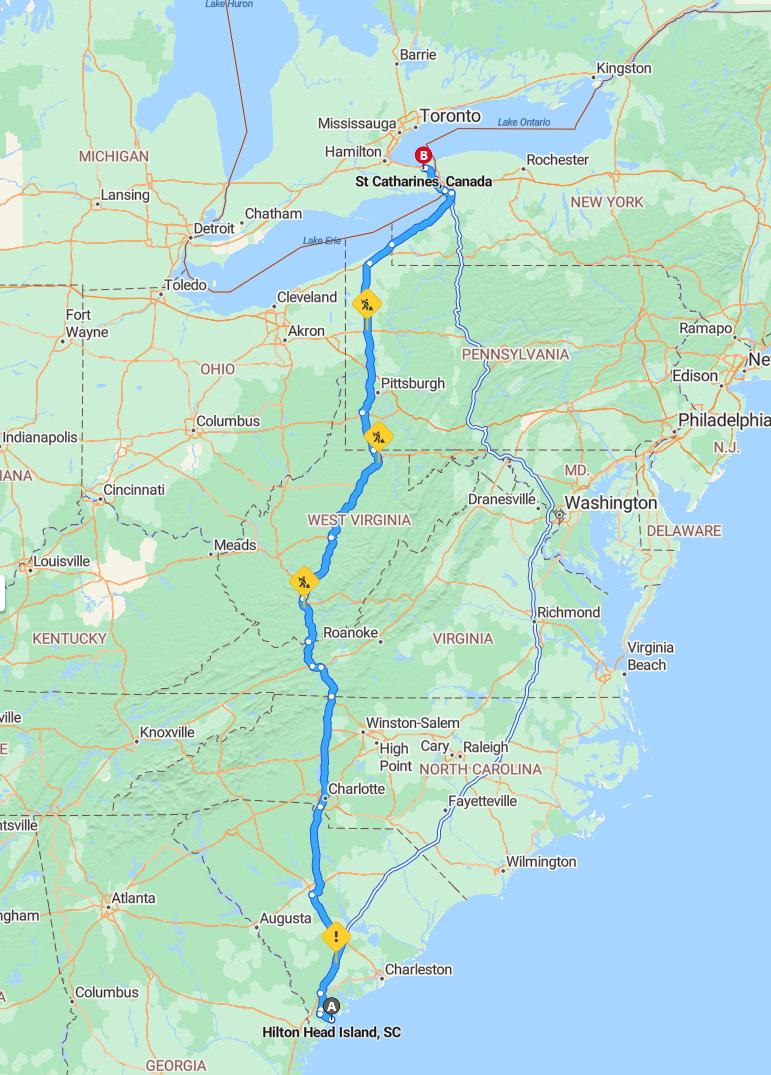 driving from Hilton Head Island, South Carolina to St. CatharinesOntario - map and route