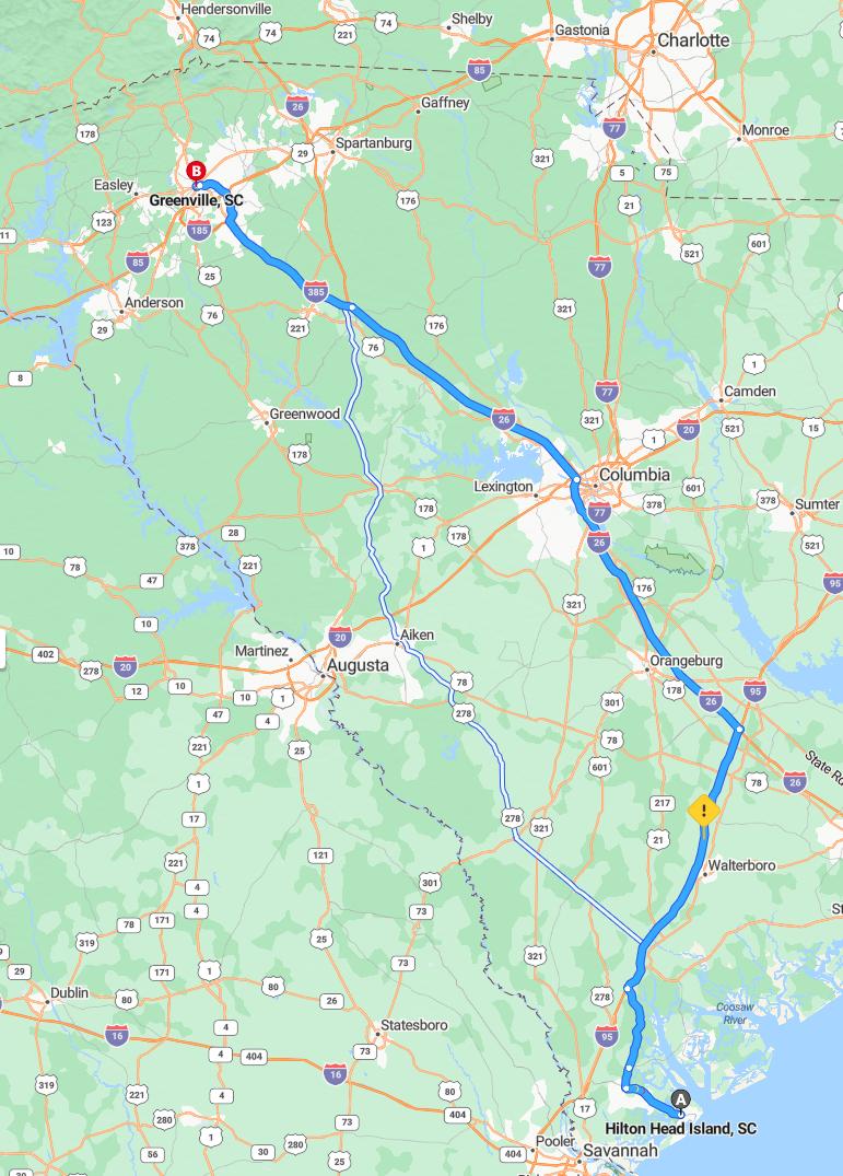 driving from Hilton Head, South Carolina to GreenvilleSouth Carolina - map and route