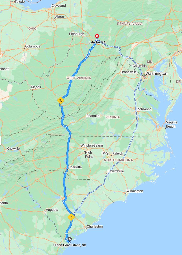 driving from Hilton Head, South Carolina to LatrobePennsylvania - map and route