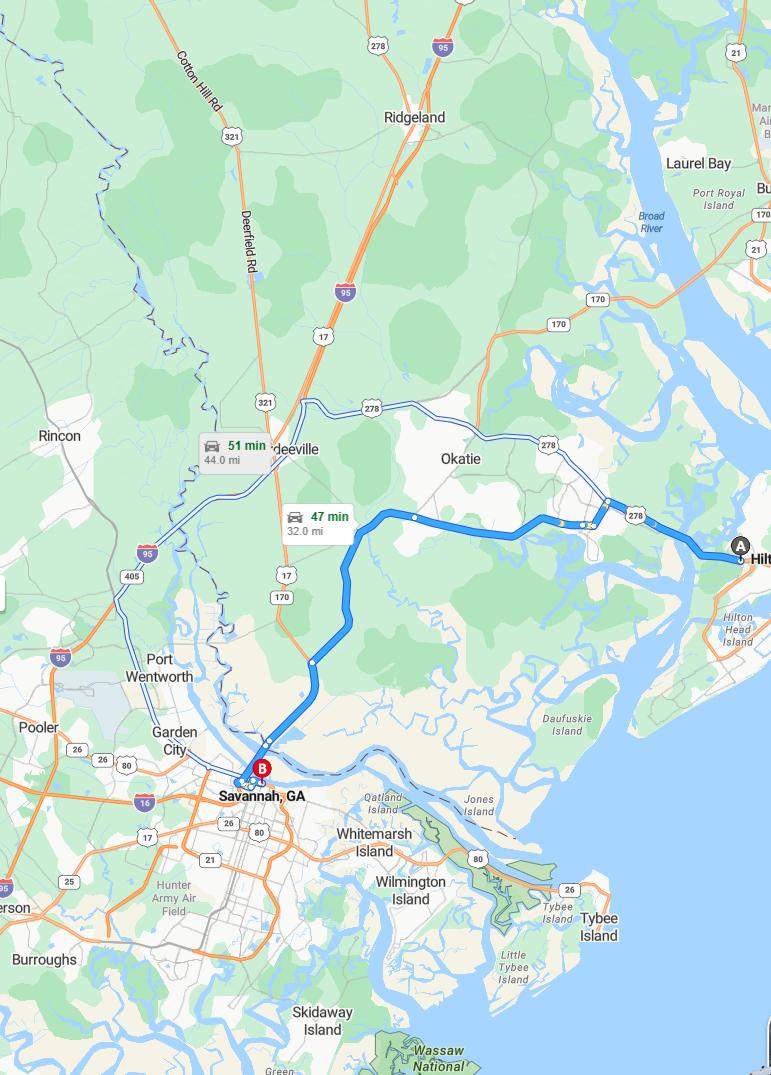 driving from Hilton Head, South Carolina to SavannahGeorgia - map and route