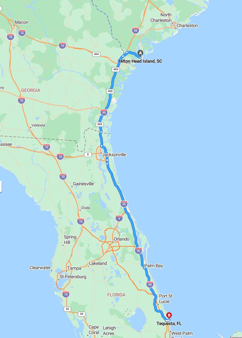 driving from Hilton Head, South Carolina to TequestaFlorida - map and route