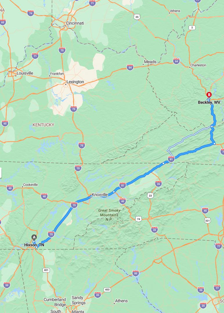 driving from Hixson, Tennessee to BeckleyWest Virginia - map and route