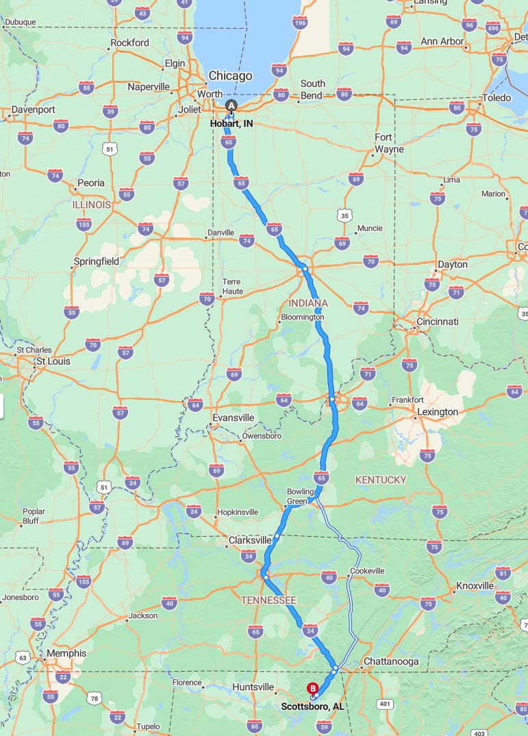 driving from Hobart, Indiana to ScottsboroAlabama - map and route