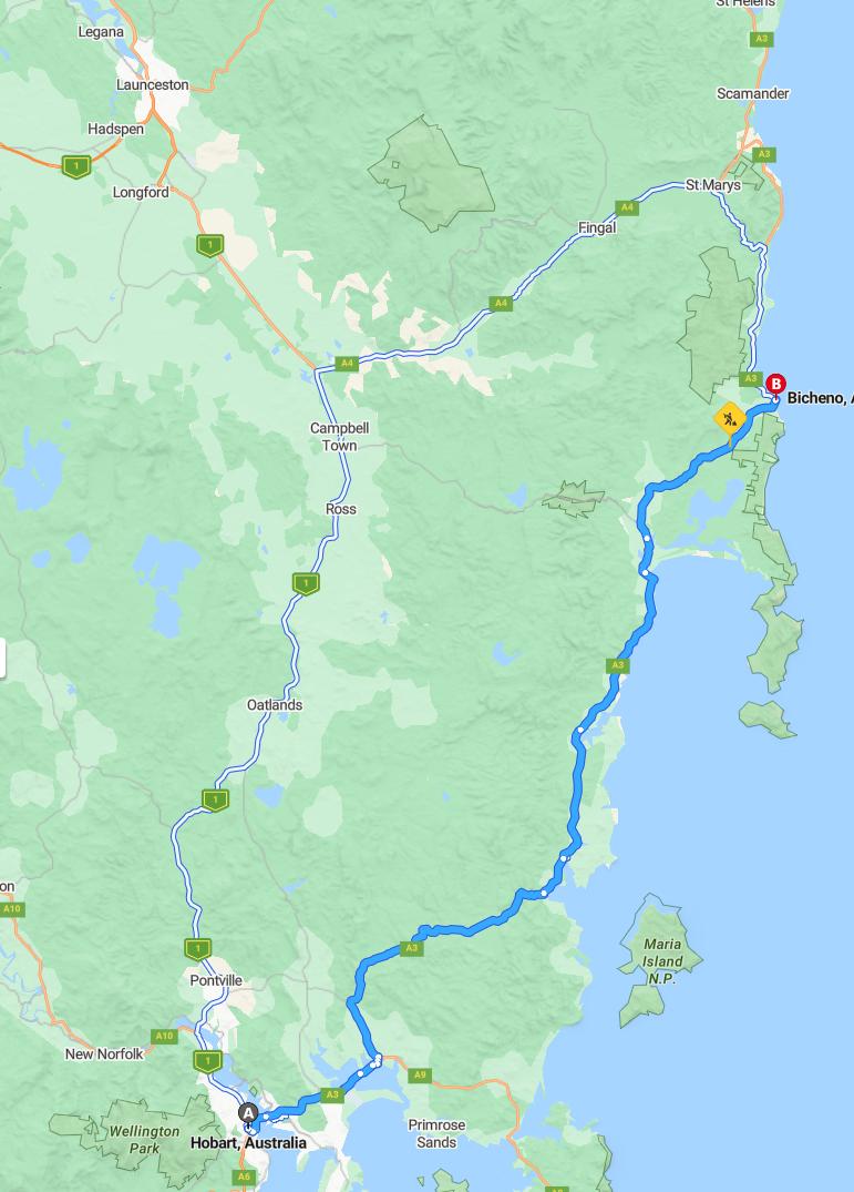 driving from Hobart, Tasmania to BichenoTasmania - map and route