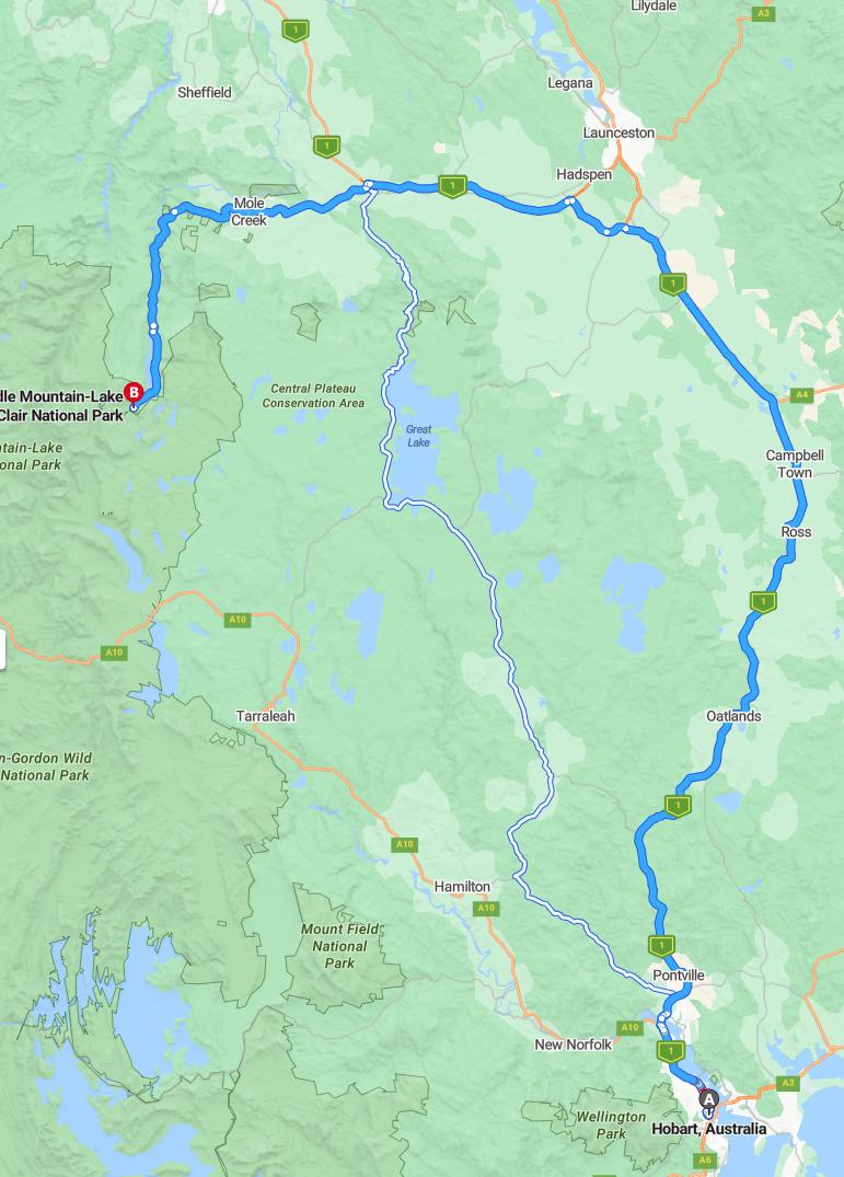 driving from Hobart, Tasmania to Cradle MountainTasmania - map and route
