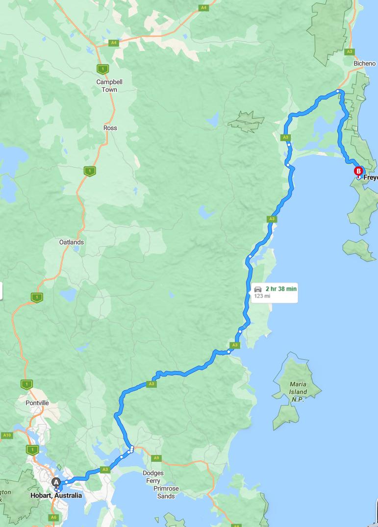 driving from Hobart, Tasmania to FreycinetTasmania - map and route