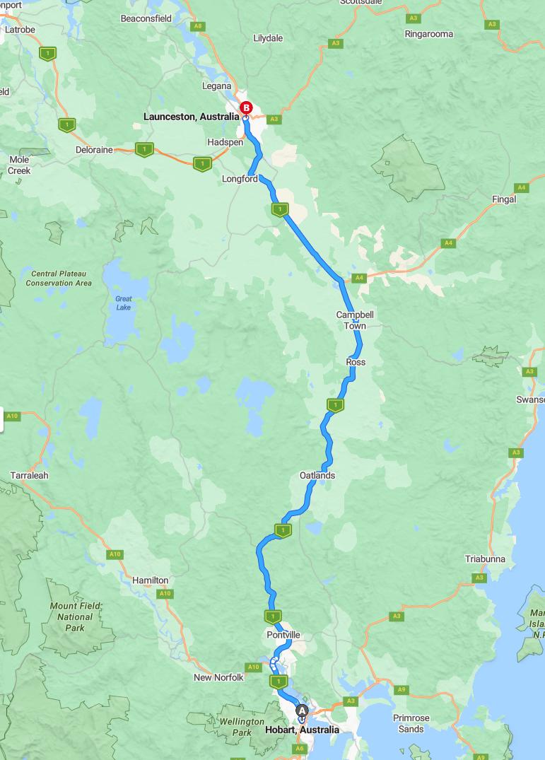 driving from Hobart, Tasmania to LauncestonTasmania - map and route