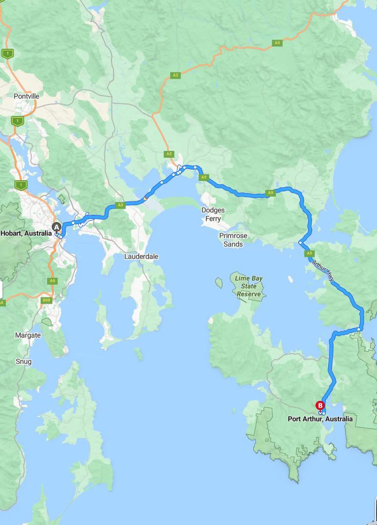 driving from Hobart, Tasmania to Port ArthurTasmania - map and route
