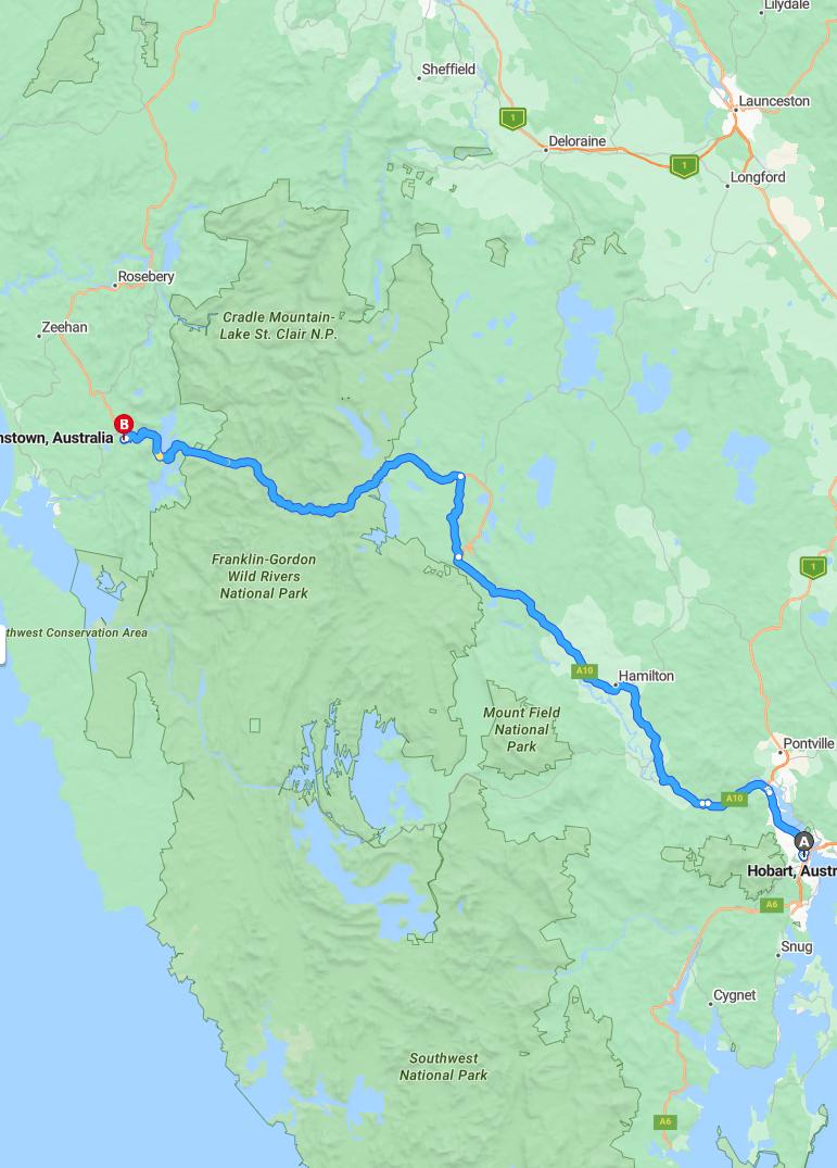 driving from Hobart, Tasmania to QueenstownTasmania - map and route