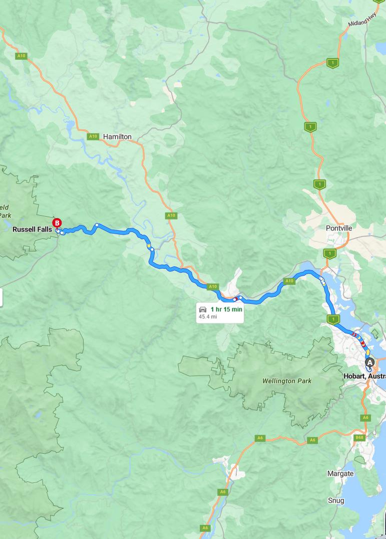 driving from Hobart, Tasmania to Russell FallsTasmania - map and route