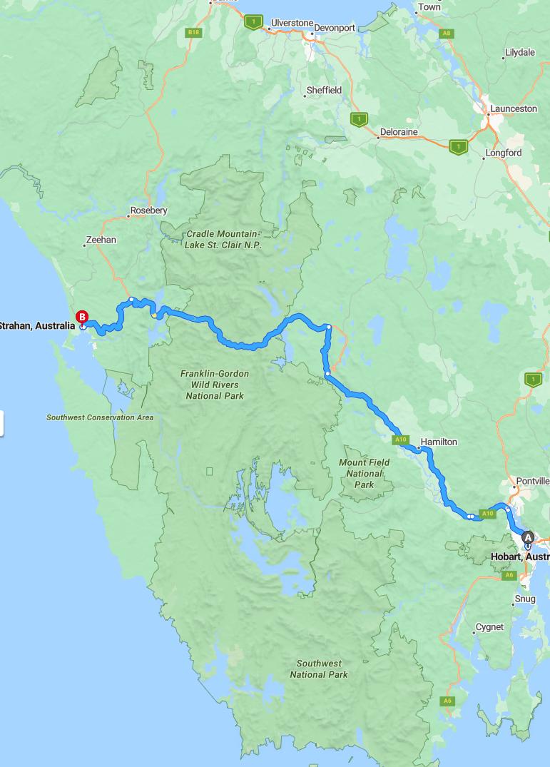 driving from Hobart, Tasmania to StrahanTasmania - map and route