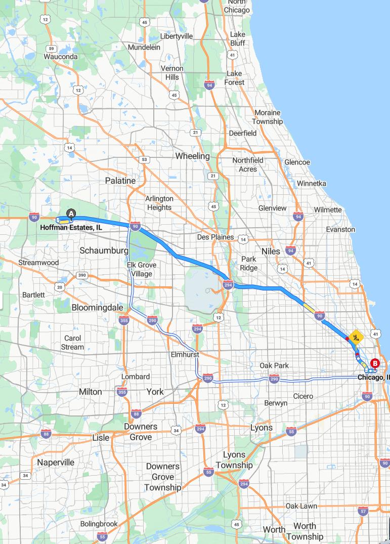 driving from Hoffman Estates, Illinois to ChicagoIllinois - map and route