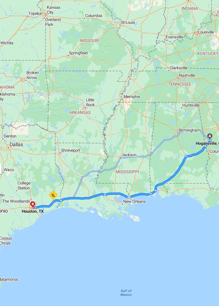 driving from Hogansville, Georgia to HoustonTexas - map and route