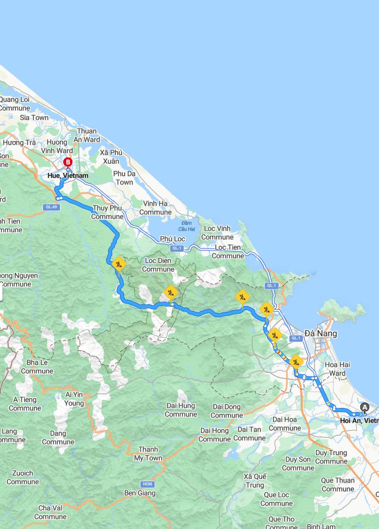 driving from Hoi An, Quang Nam to HueThua Thien-Hue - map and route