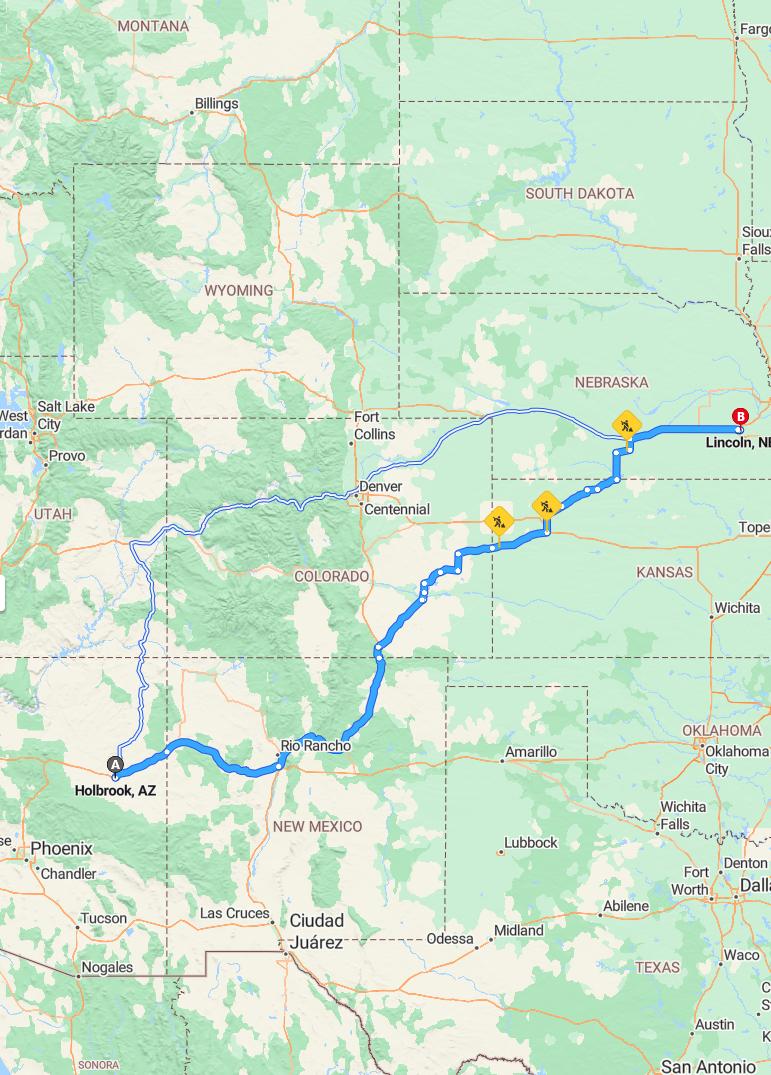 driving from Holbrook, Arizona to LincolnNebraska - map and route