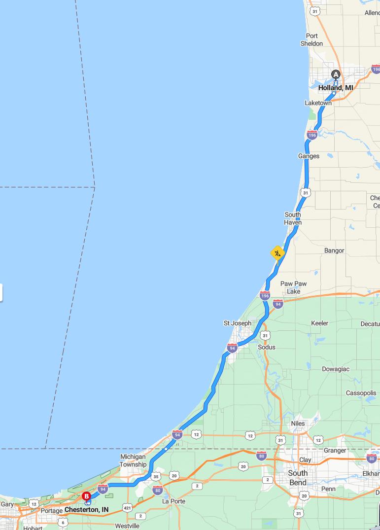 driving from Holland, Michigan to ChestertonIndiana - map and route