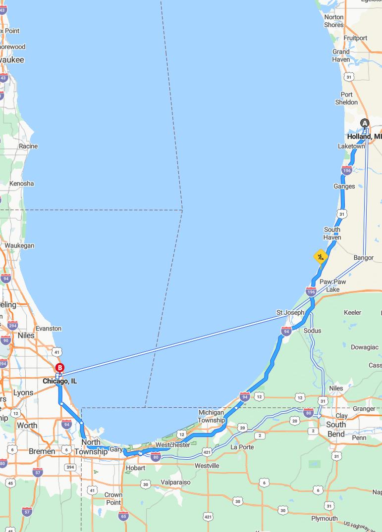 driving from Holland, Michigan to ChicagoIllinois - map and route