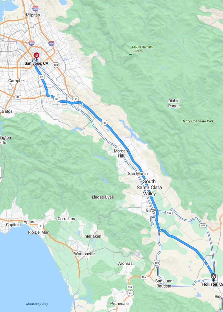 driving from Hollister, California to San JoseCalifornia - map and route