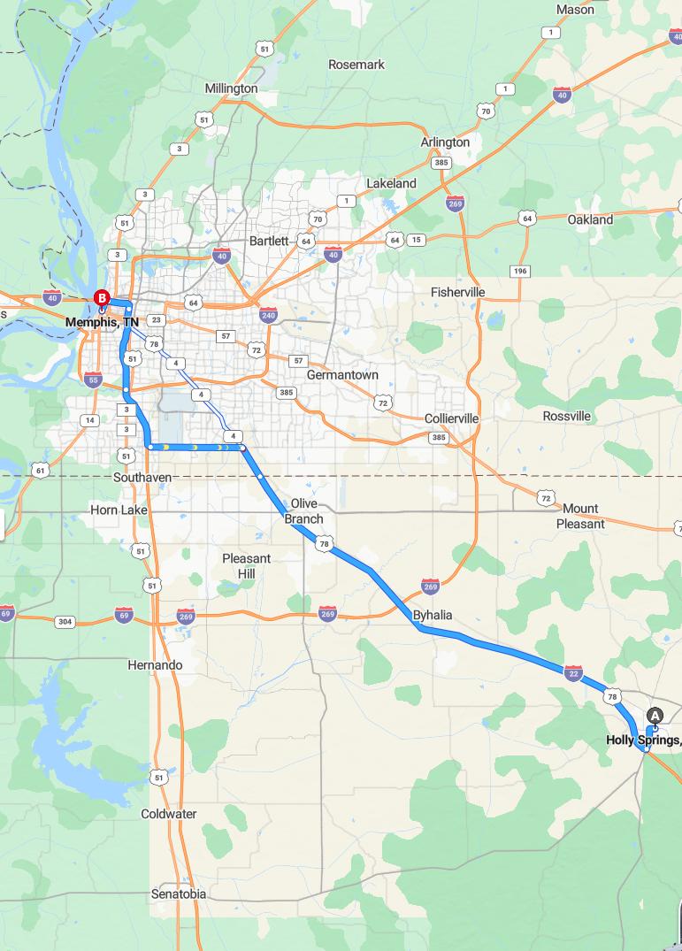 driving from Holly Springs, Mississippi to MemphisTennessee - map and route
