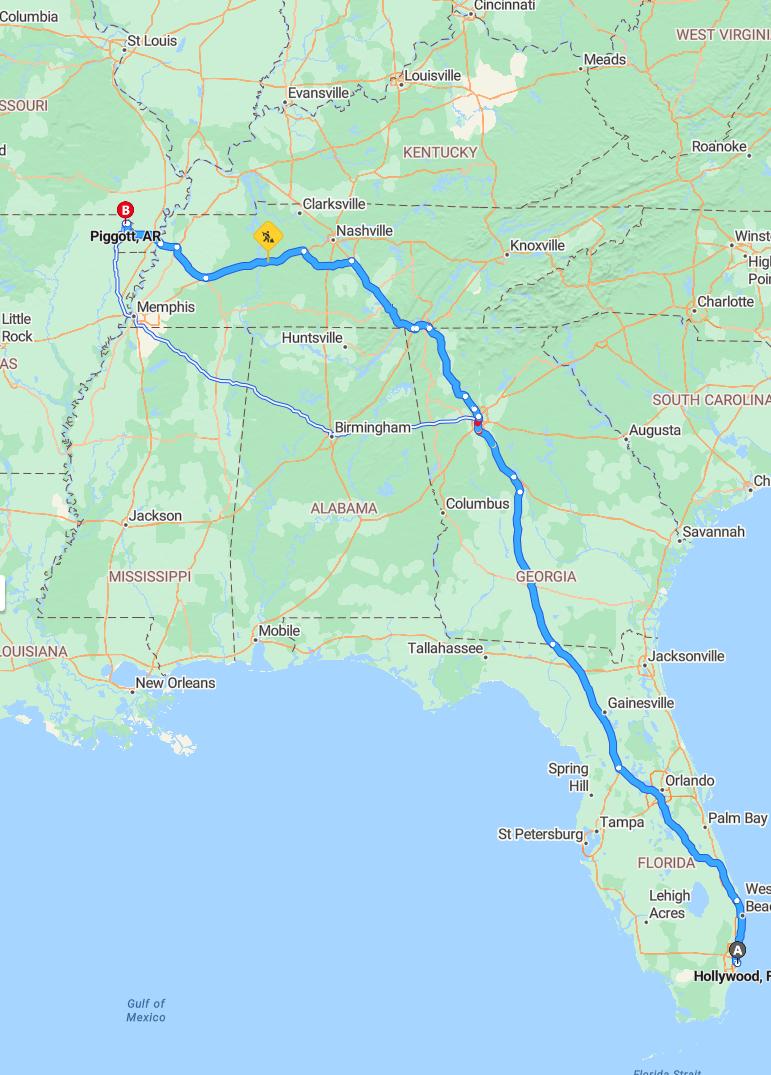 driving from Hollywood, Florida to PiggottArkansas - map and route
