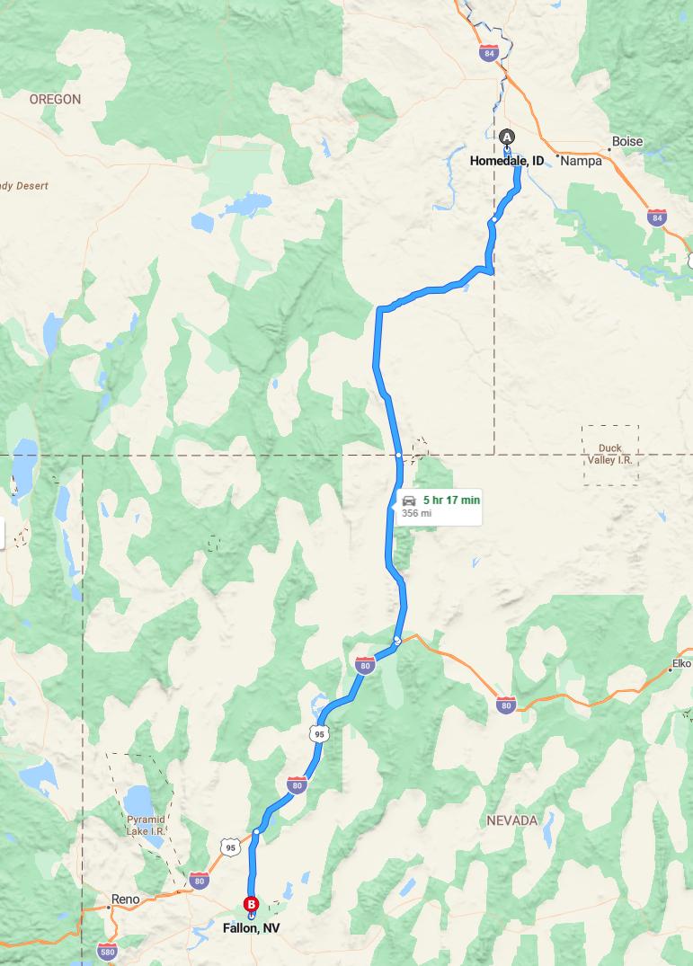 driving from Homedale, Idaho to FallonNevada - map and route