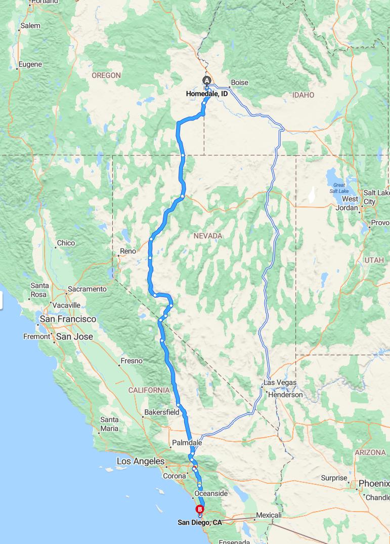 driving from Homedale, Idaho to San DiegoCalifornia - map and route