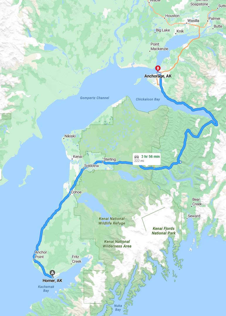 driving from Homer, Alaska to AnchorageAlaska - map and route