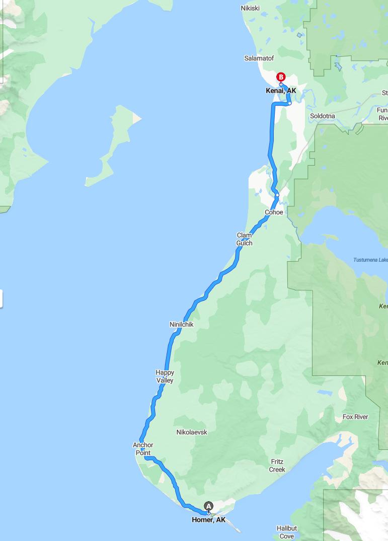 driving from Homer, Alaska to KenaiAlaska - map and route