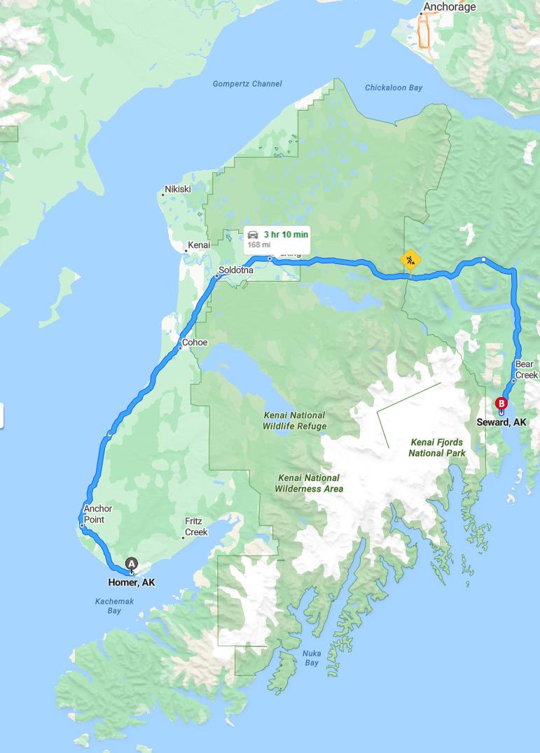 driving from Homer, Alaska to SewardAlaska - map and route