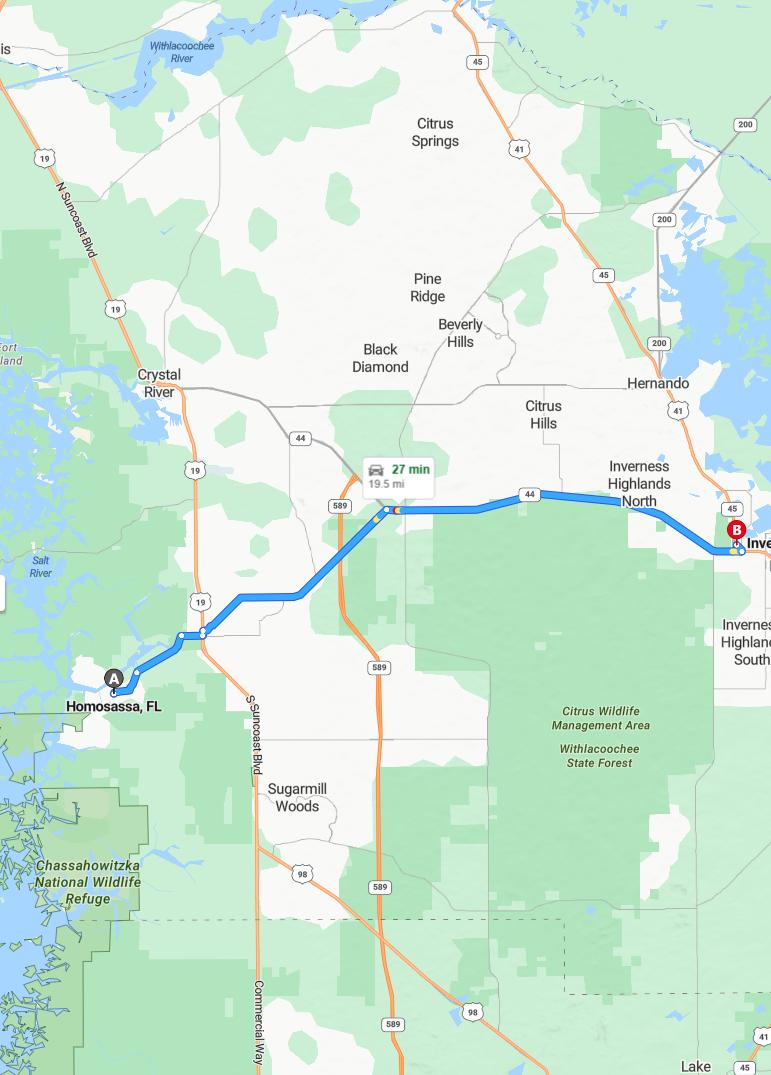 driving from Homosassa, Florida to InvernessFlorida - map and route