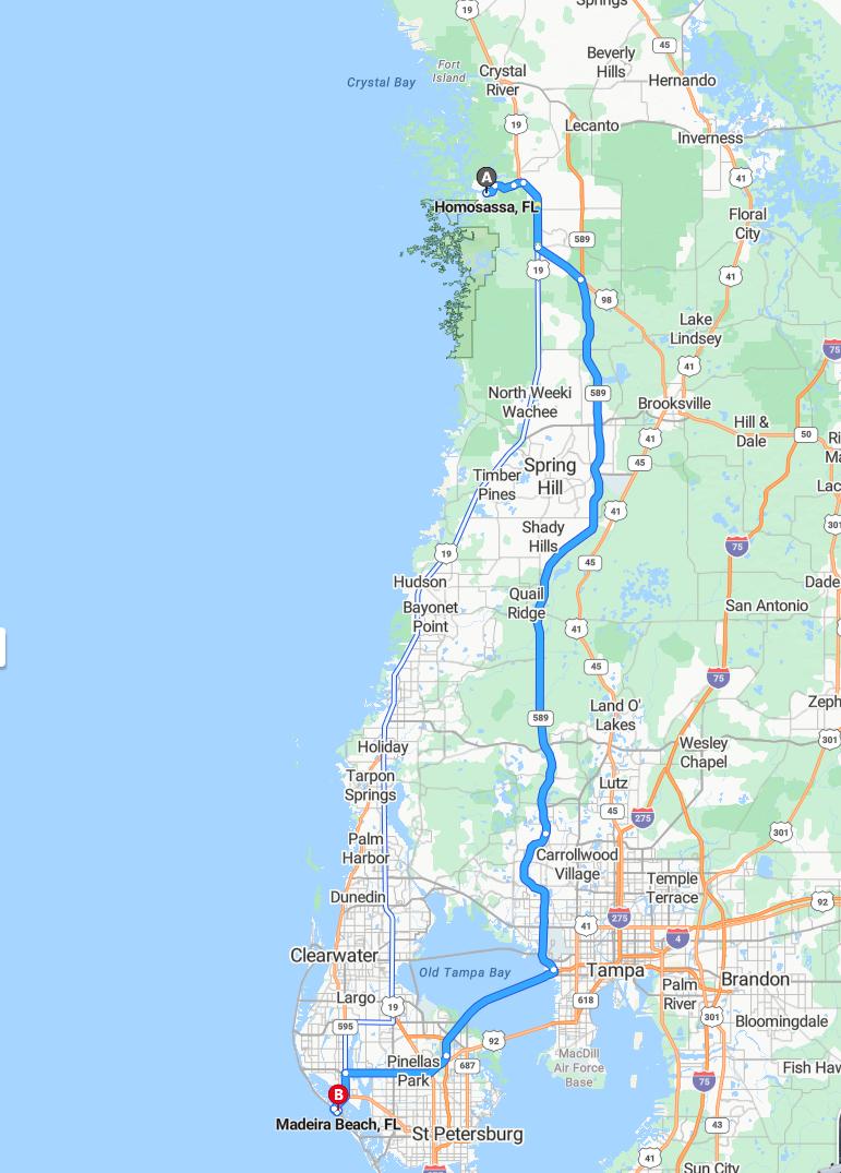 driving from Homosassa, Florida to Madeira BeachFlorida - map and route
