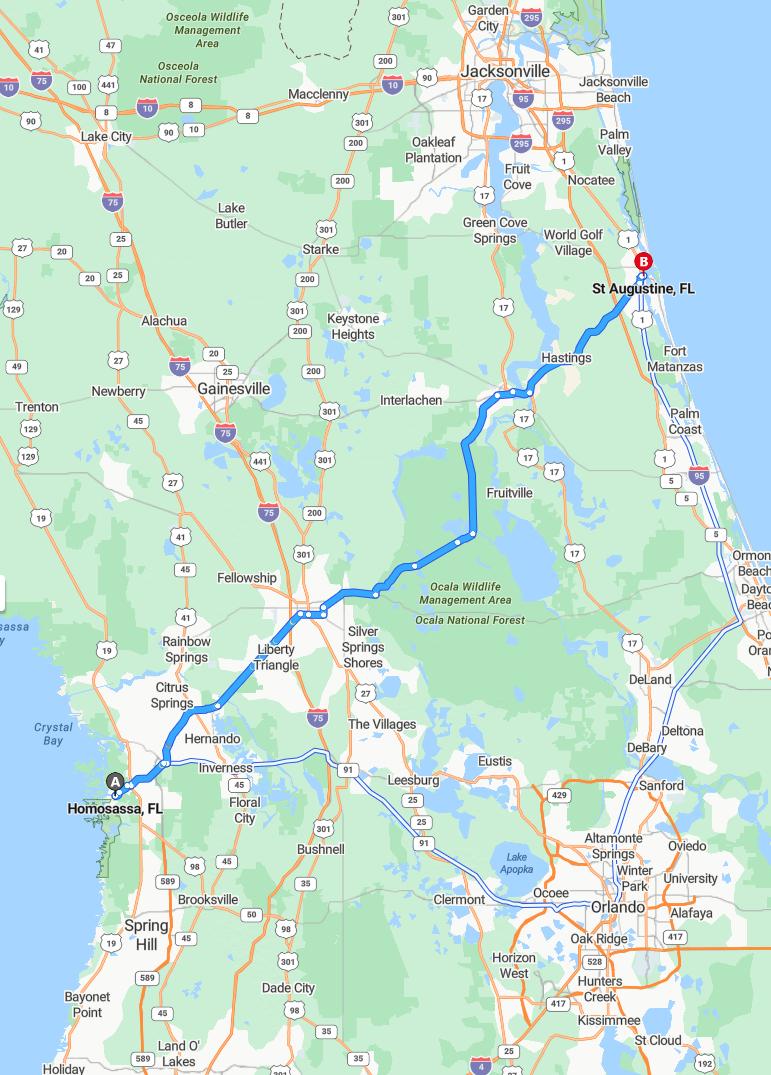 driving from Homosassa, Florida to Saint AugustineFlorida - map and route