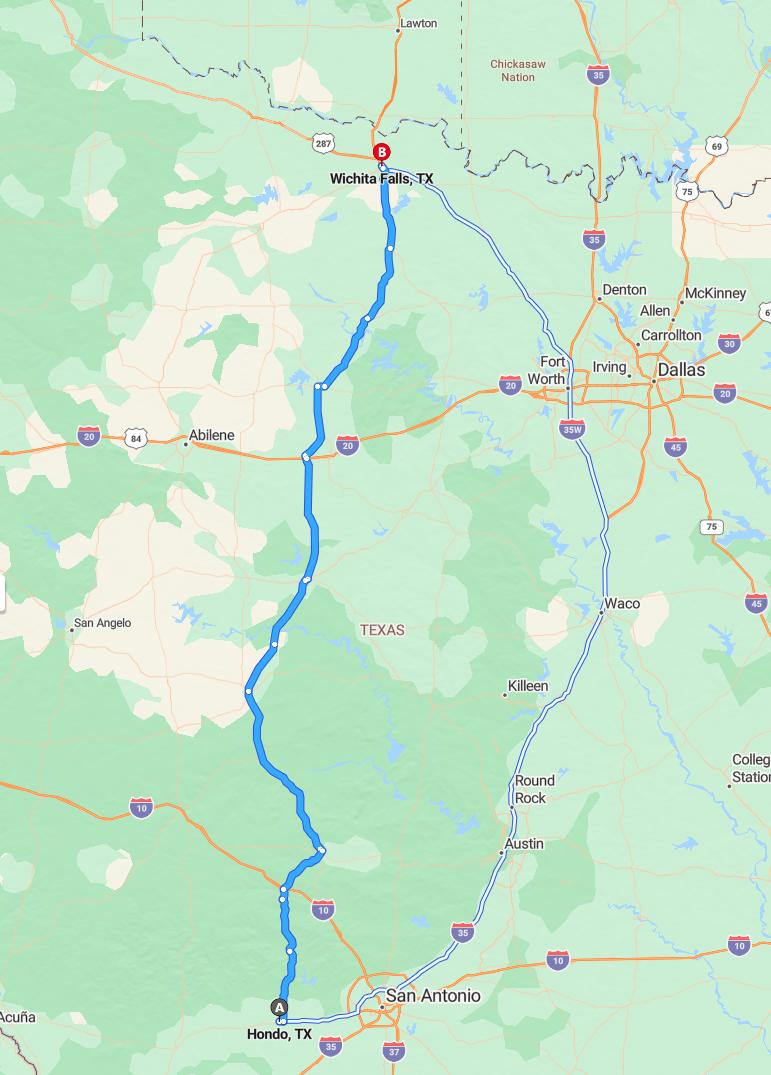 driving from Hondo, Texas to Wichita FallsTexas - map and route